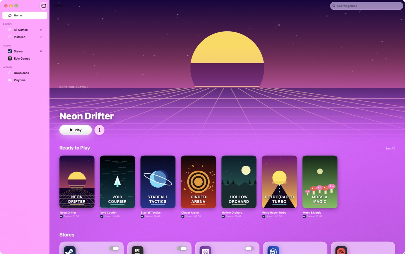 The MaPC home screen: a featured game, and the installed games ready to play